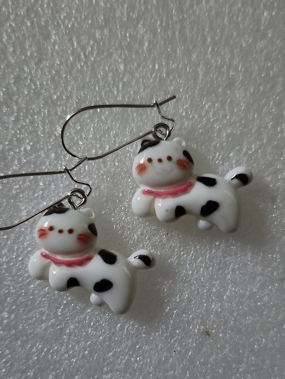 Hand Crafted White and Black Cat Dangle Earrings with Pink Accents